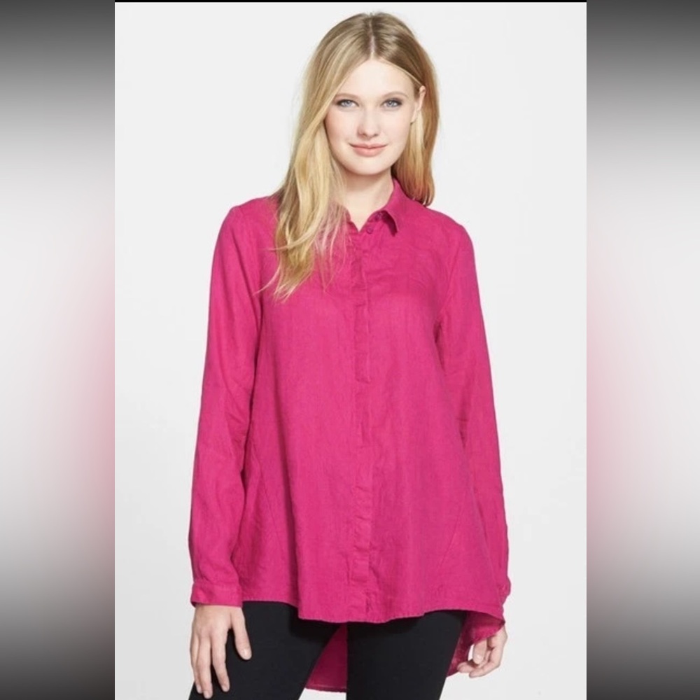Eileen Fisher Classic Collar Organic Linen Button Up Shirt Cerise Pink Size XS